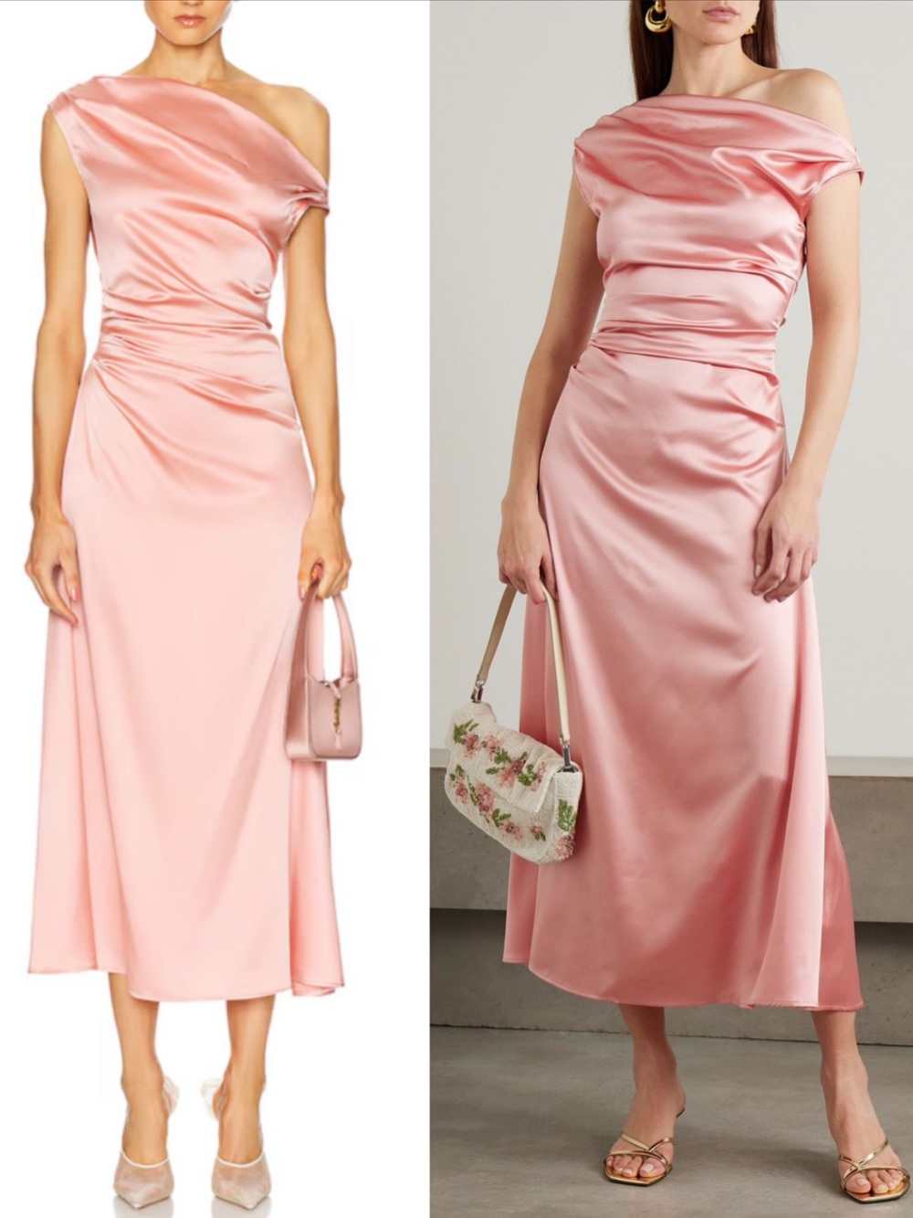 STAUD Phare Silk Dress Off Shoulder Satin Ruched Midi Dress Light Pink Size 4